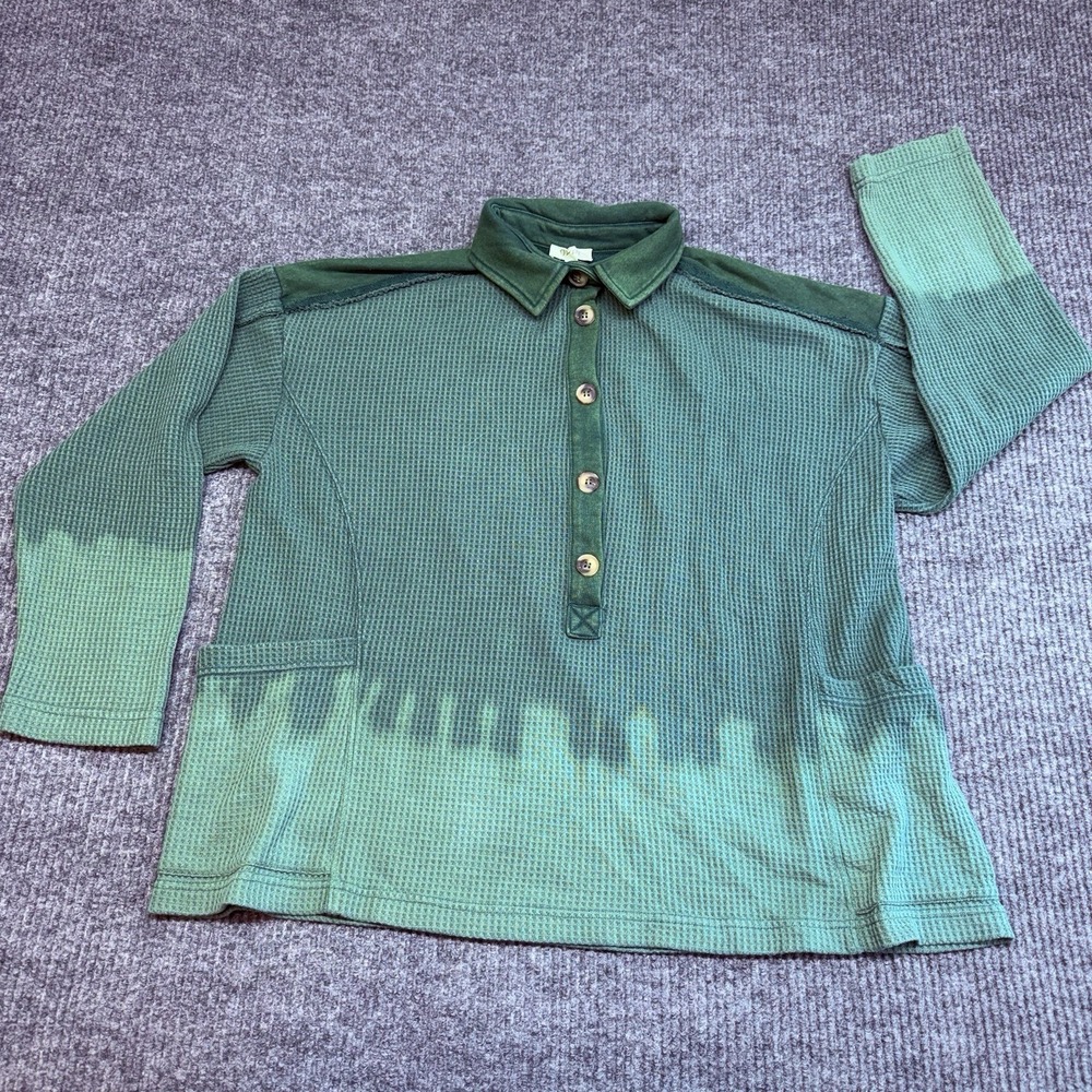 Boho Grunge Waffle Knit Ombre Green Polo Pullover Top‎ M Oversized Dip Dye